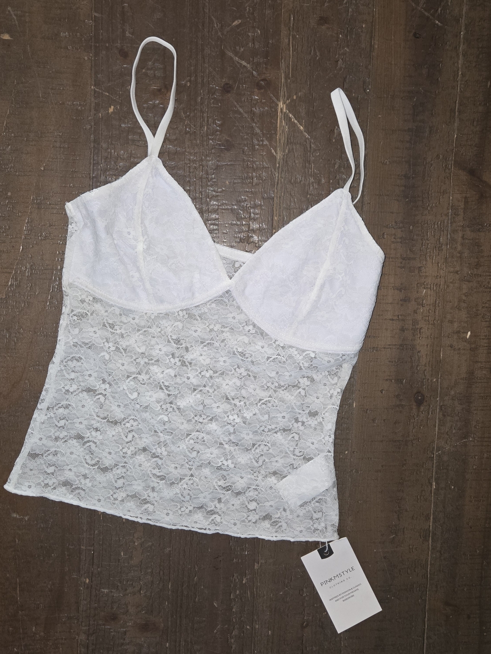 NWT PinkMStyle White Lace Cami Tank Top XS | Sheer Floral Lace Y2K Coquette